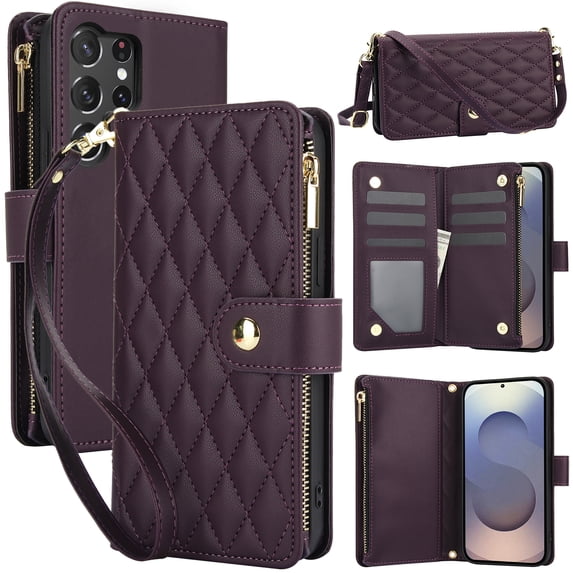 Dteck for Samsung S23 FE Case, Crossbody Shoulder Strap RFID Blocking Shockproof Magnetic Closure Flip Stand Card Slot Wallet Zipper Lanyard Phone Case Cover, Darkpurple