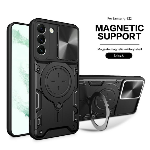 Dteck for Samsung S23 Plus Slide Lens Protection Case, Shockproof Magnetic Metal Ring Holder Kickstand Support Magnetic Shell, Heavy Duty Hybrid TPU PC Dual Layer Phone Cover, black