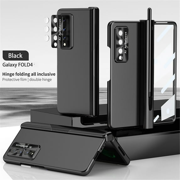 Dteck for Samsung Z Fold 4 Case with S Pen Holder & Front Screen Protector & Camera Lens Protector,Plating Hard PC Hinge Protection Folding Cover Case for Samsung Galaxy Z Fold 4 5G 7.6" Phone,Black