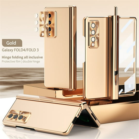 Dteck for Samsung Z Fold 4 Case with S Pen Holder & Front Screen Protector & Camera Lens Protector,Plating Hard PC Hinge Protection Folding Cover Case for Samsung Galaxy Z Fold 4 5G 7.6" Phone,Gold