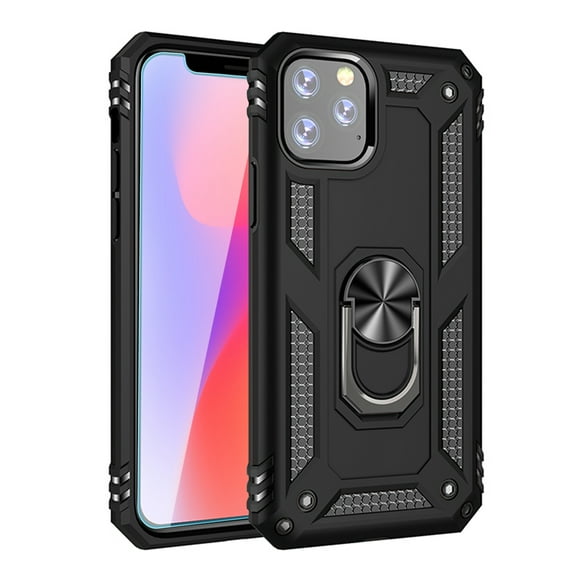 Dteck Screen Protector Case For Apple iPhone 12 (6.1 inches),iPhone 12 Pro 6.1" Shockproof Rubber Armor Case Hybrid Rugged Hard PC Back Phone Ring Kickstand Cover with Tempered Glass Film,Black