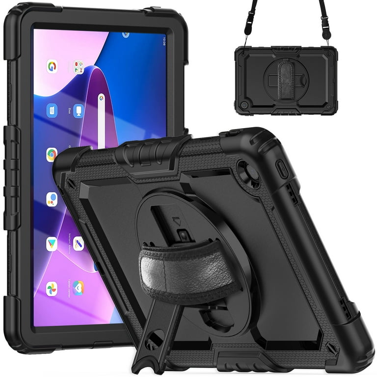 Dteck Screen Protector Case for Lenovo Tab M10 Plus (3rd Gen) 2022  10.6-inch TB-125F/TB-128F,Shockproof Rubber Armor 3-Layer Protection Case  Stand Cover with Adjustable Shoulder/Hand Strap,Black 