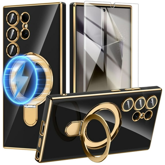 Dteck Screen Protector Case for Samsung Galaxy S24 Ultra,Magnetic Plating TPU Case Lens Camera Protector Mag-Safe Invisible Stand Shockproof Back Cover,Black