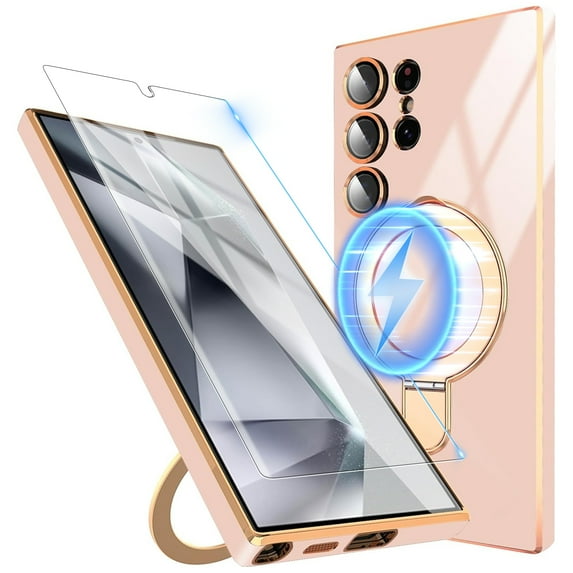 Dteck Screen Protector Case for Samsung Galaxy S24 Ultra,Magnetic Plating TPU Case Lens Camera Protector Mag-Safe Invisible Stand Shockproof Back Cover,Lightpink