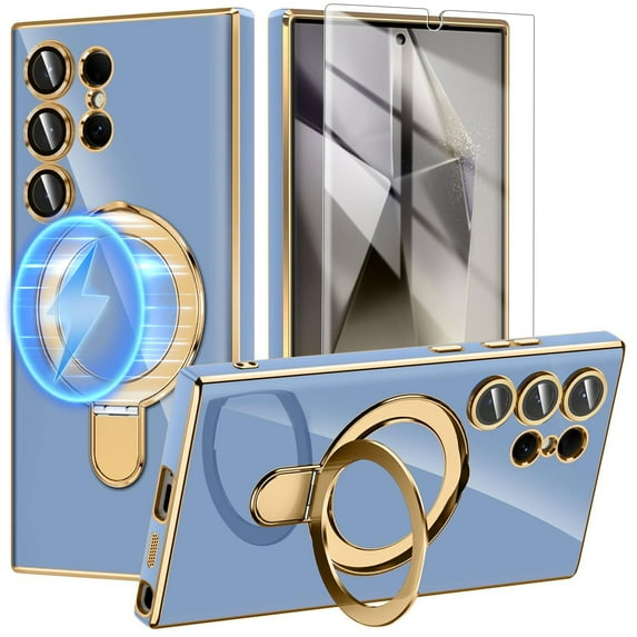Dteck Screen Protector Case for Samsung Galaxy S24 Ultra,Magnetic Plating TPU Case Lens Camera Protector Mag-Safe Invisible Stand Shockproof Back Cover,Lightblue