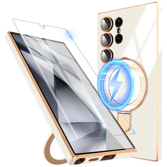 Dteck Screen Protector Case for Samsung Galaxy S24 Ultra,Magnetic Plating TPU Case Lens Camera Protector Mag-Safe Invisible Stand Shockproof Back Cover,White