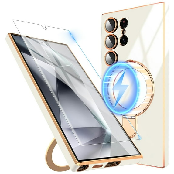 Dteck Screen Protector Case for Samsung Galaxy S24 Ultra,Magnetic Plating TPU Case Lens Camera Protector Mag-Safe Invisible Stand Shockproof Back Cover,White