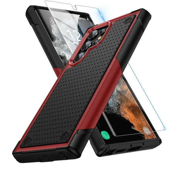 Dteck Screen Protector Case for Samsung Galaxy S24 Ultra,Shockproof Heavy Duty Dual Layer Protective Hard PC Textured Back & Soft Bumper Cell Phone Cover,Red