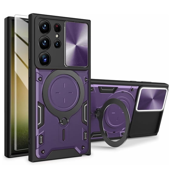 Dteck Screen Protector Case for Samsung Galaxy S24 Ultra,Shockproof Rugged Magnetic Case Kickstand Military Grade Drop Protection with Sliding Camera Cover,Purple