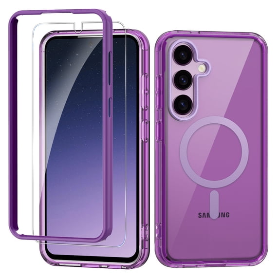 Dteck with Screen Protector Case for Samsung Galaxy S25,Compatible with Mag-Safe Slim TPU+PC Full-Body Stylish Shockproof Protective Transparent Cover,Darkpurple