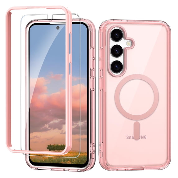 Dteck with Screen Protector Case for Samsung Galaxy S25,Compatible with Mag-Safe Slim TPU+PC Full-Body Stylish Shockproof Protective Transparent Cover,Pink