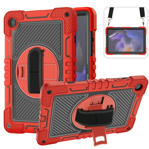 Dteck Screen Protector Case for Samsung Galaxy Tab A9 Plus 11-inch (X210,X215,X216),Heavy Duty Rotating Stand Rugged Rubber Case Shockproof PC Cover with Adjustable Hand/Shoulder Strap,Black+Red
