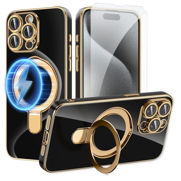 Dteck Screen Protector Case for iPhone 15 Pro,Magnetic Plating TPU Case Lens Camera Protector Mag-Safe Invisible Stand Shockproof Back Cover,Black
