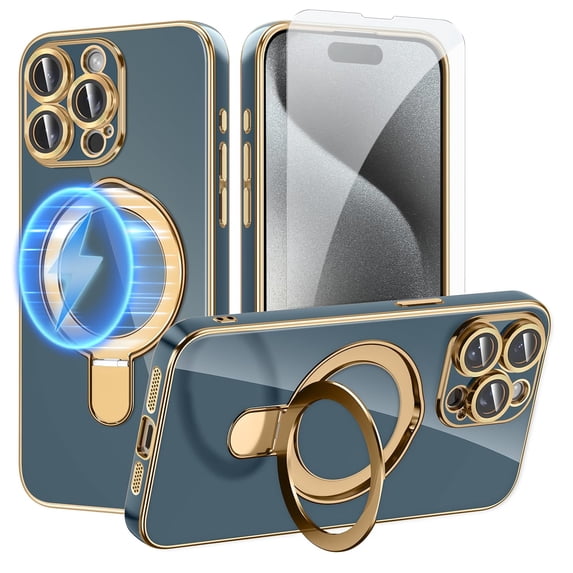 Dteck Screen Protector Case for iPhone 15 Pro,Magnetic Plating TPU Case Lens Camera Protector Mag-Safe Invisible Stand Shockproof Back Cover,Grayblue