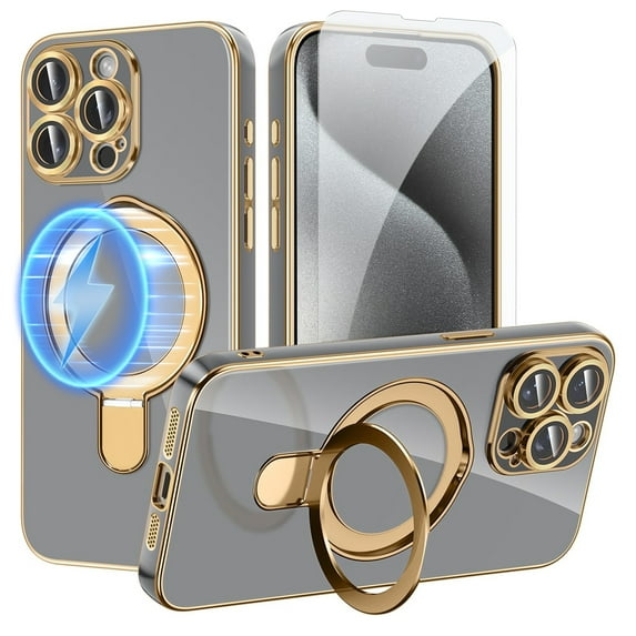Dteck Screen Protector Case for iPhone 15 Pro Max,Magnetic Plating TPU Case Lens Camera Protector Mag-Safe Invisible Stand Shockproof Back Cover,Gray