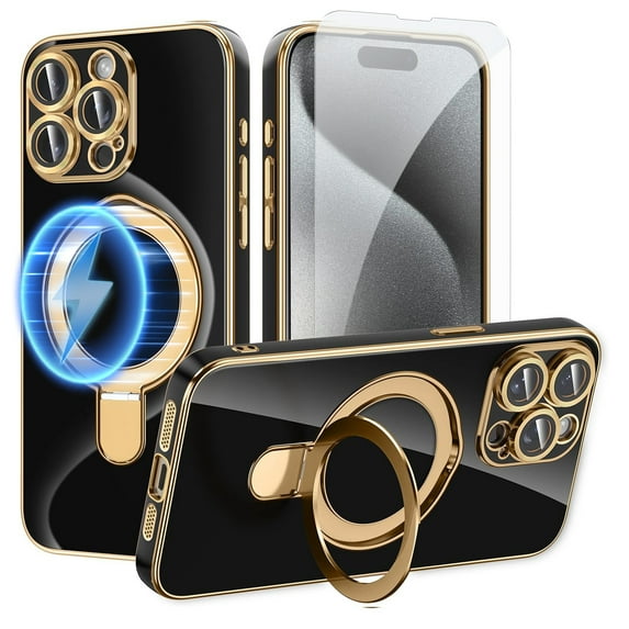 Dteck Screen Protector Case for iPhone 15 Pro Max,Magnetic Plating TPU Case Lens Camera Protector Mag-Safe Invisible Stand Shockproof Back Cover,Black