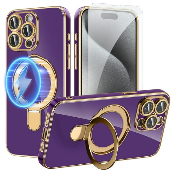 Dteck Screen Protector Case for iPhone 15 Pro Max,Magnetic Plating TPU Case Lens Camera Protector Mag-Safe Invisible Stand Shockproof Back Cover,Darkpurple