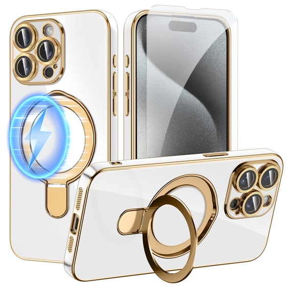 Dteck Screen Protector Case for iPhone 15 Pro Max,Magnetic Plating TPU Case Lens Camera Protector Mag-Safe Invisible Stand Shockproof Back Cover,White