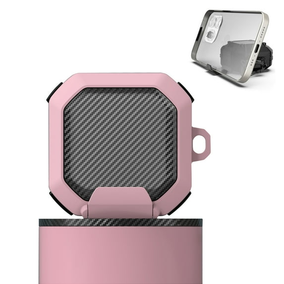 Dteck Secure Lock Carbon Fiber Case for Samsung Galaxy Buds FE (2023) / Buds 2 Pro / Buds Pro / Buds 2 / Buds Live, Galaxy Buds Accessories with Keychain That Doubles as Phone Stand,Pink