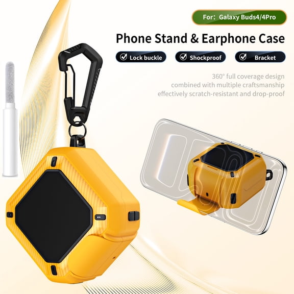 Dteck Secure Lock Case for Samsugn Galaxy Buds 4 / Galaxy Buds 4 Pro, Heavy Duty Shockproof Protective Cover with Phone Stand Carabiner,Yellow