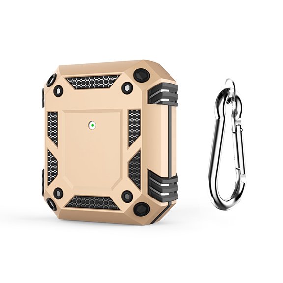 Dteck Shockproof Case for AirPods 2 & 1, Compatible Wireless Charging, Hybrid Rugged Full Body Hard Shell Case with Metal Keychain, Front LED Visible, Gold
