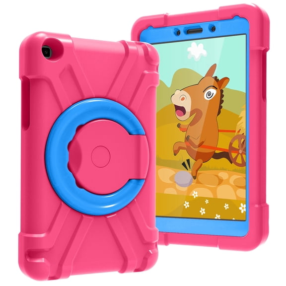 Dteck Shockproof Case For Samsung Galaxy Tab A 8.0 2019 Model SM-T290 SM-T295 w/ PET Screen Cover, 3 Layer Full-Body Hybrid Rugged Protection Case 360 Degree Rotating Kickstand Handle Cover, Rose/Blue