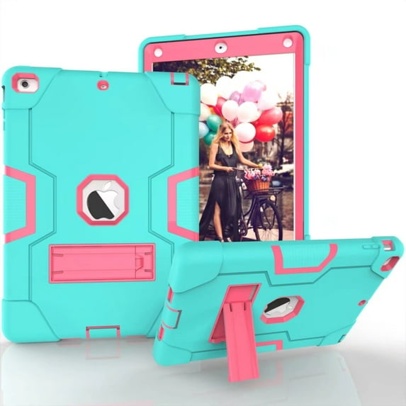 Dteck Shockproof Case For iPad Air, Heavy Duty Hybrid Kickstand Back Cover Aqua/Rose