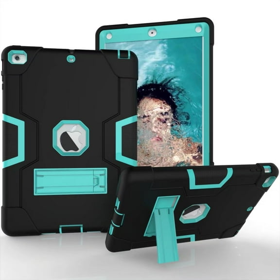 Dteck Shockproof Case For iPad Air, Heavy Duty Hybrid Kickstand Back Cover Black/Aqua