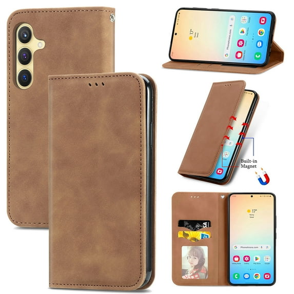 Dteck Shockproof Case for Samsung Galaxy A15, Magnetic PU Leather Flip Back Cover Foldable Cover Card Holder Slot Stand for Galaxy A15 5G,Brown