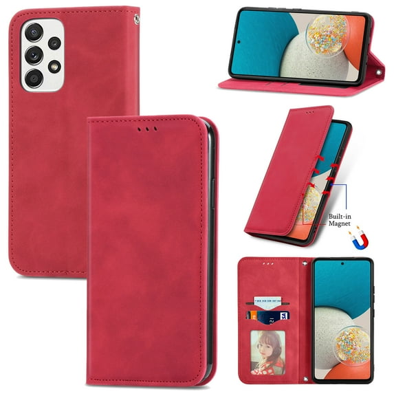 Dteck Shockproof Case for Samsung Galaxy A53 5G, Magnetic PU Leather Flip Back Cover Foldable Cover Card Holder Slot Stand for Galaxy A53 5G,Red