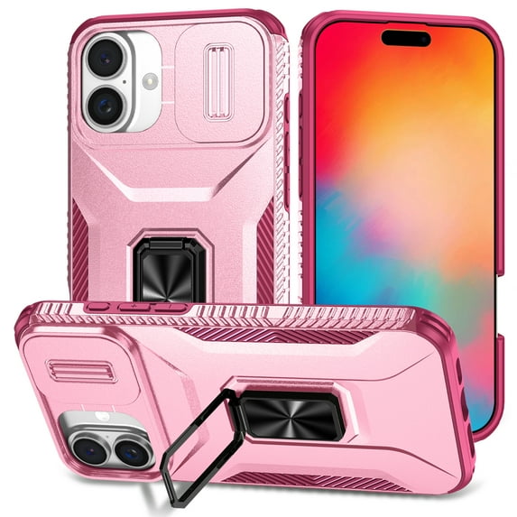 Dteck Shockproof Case for iPhone 16 Plus, with Slide Lens Cover Military Grade Ring Stand Protection Anti-Slip Phone Case, Pink
