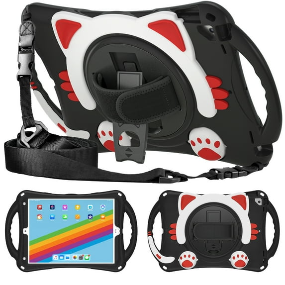 Dteck Shoulder Strap Case for Apple iPad 8th Generation 10.2" (2020),360° Rotating Hand Strap Kids Friendly Shockproof Cute Rubber Kickstand iPad 7th Gen 10.2" 2019 Protector Cover,Black+Red