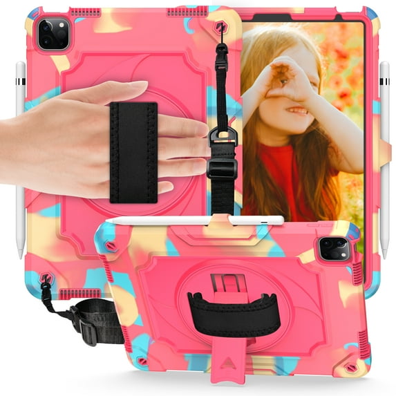 Dteck Shoulder Strap Case for Apple iPad Air 4th Generation (2020 Released) 10.9-inch,Shockproof Armor Rubber Hybrid 3-Layer Protection Back Cover without Screen Protector,Rose+Rainbow