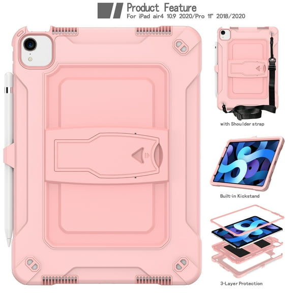 Dteck with Shoulder Strap Case for Apple iPad Air 4th Generation (2020 Released) 10.9-inch,Shockproof Armor Rubber Hybrid Hard iPad Pro 11" 2020/2018 Protective Shell Kickstand Cover,Rosegold