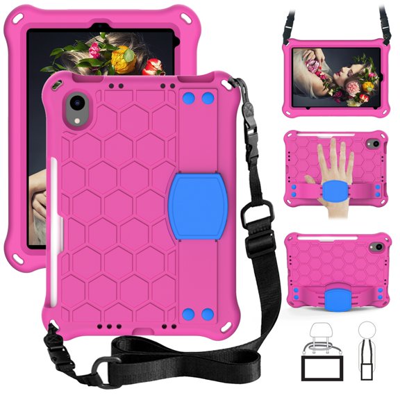 Dteck Shoulder Strap Case for Apple iPad mini 6th Generation (2021) 8.3-inch,Shockproof Rubber Kids Friendly Handle Lightweight Protective Back Kickstand Cover for iPad mini 6,Rose+Blue