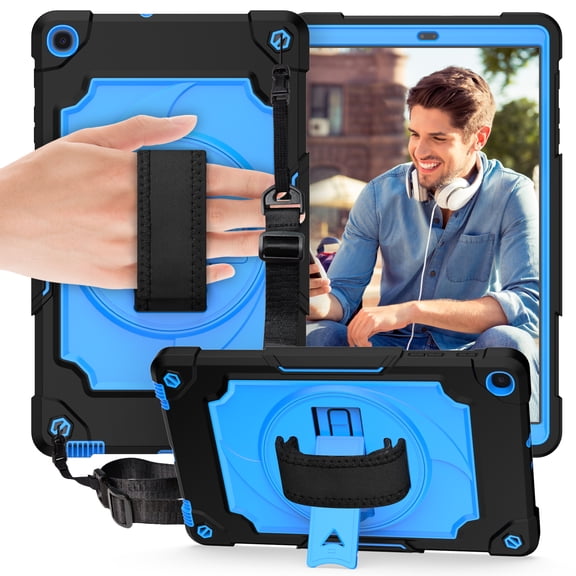 Dteck Shoulder Strap Case for Samsung Galaxy Tab A 10.1" SM-T510 T515 (2019 Released) 10.1-inch,Shockproof Armor Rubber Hybrid 3-Layer Design Hand Strap Cover without Screen Protector,Blue+Black