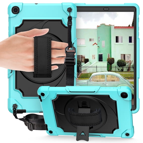 Dteck Shoulder Strap Case for Samsung Galaxy Tab A 10.1" SM-T510 T515 (2019 Released) 10.1-inch,Shockproof Armor Rubber Hybrid 3-Layer Design Hand Strap Cover without Screen Protector,Black+Aqua