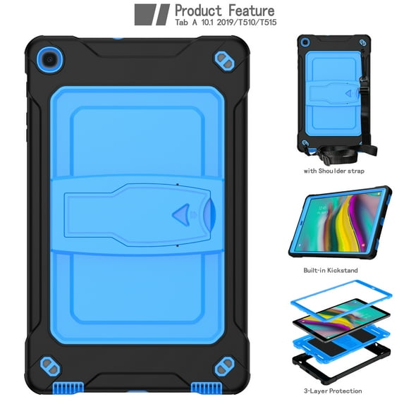 Dteck with Shoulder Strap Case for Samsung Galaxy Tab A 10.1" SM-T510 T515 (2019 Released) 10.1-inch,Shockproof Armor Rubber Hybrid Hard Protective Shell Back Kickstand Cover,Black+Blue