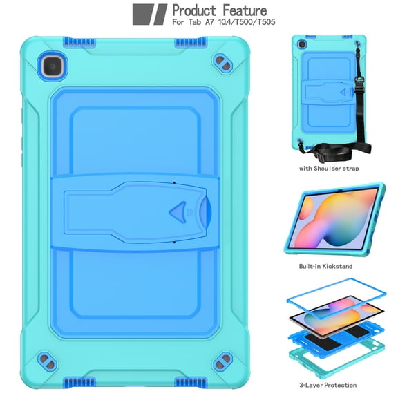 Dteck Shoulder Strap Case for Samsung Galaxy Tab A7 10.4" SM-T500 T505 (2020 Released) 10.4-inch,Shockproof Armor Rubber 3-Layer Protection Kickstand Cover without Screen Protector,Aqua+Blue