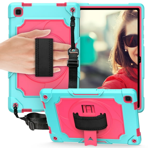 Dteck Shoulder Strap Case for Samsung Galaxy Tab A7 10.4" SM-T500 T505 (2020 Released) 10.4-inch,Shockproof Armor Rubber Hybrid 3-Layer Protection Back Cover without Screen Protector,Rose+Aqua