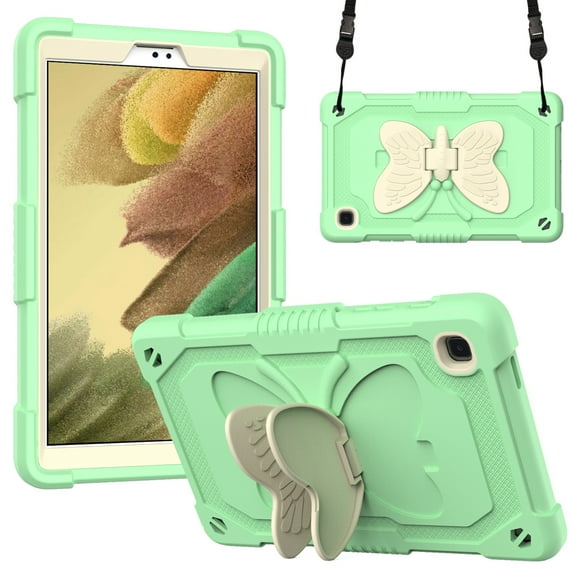 Dteck with Shoulder Strap Case for Samsung Galaxy Tab A7 Lite 8.7-inch SM-T220 T225 (2021),Shockproof Rugged Rubber 3-Layers Protection Butterfly Case Kids Friendly Kickstand Cover,Beige+Green