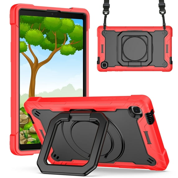 Dteck Shoulder Strap Case for Samsung Galaxy Tab A7 Lite 8.7-inch SM-T220 T225 (2021),Shockproof Rugged Rubber Armor Hybrid Hard Kickstand Kids Friendly Protective Cover,Red+Black