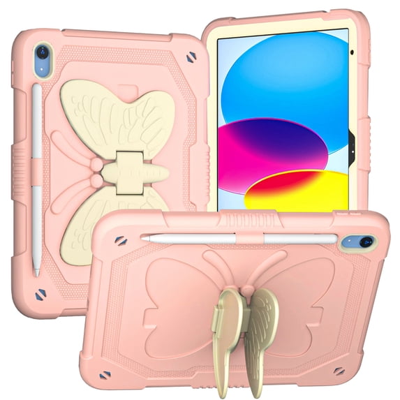 Dteck Shoulder Strap Case for iPad 10th Generation 10.9 inch 2022,iPad 11-inch (A16) 2025 Heavy Duty Rubber Case Butterfly Wings Kickstand with Pencil Holder Kids Girls Shockoroof Cover,Pink+Beige
