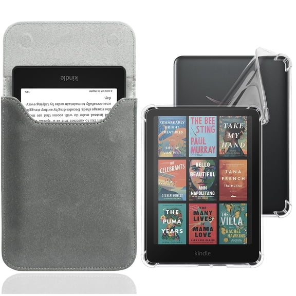 Dteck Sleeve Case for 7" Kindle Paperwhite 12th Generation and Kindle Colorsoft Signature Edition (2024) with Clear Case, Flexible Transparent TPU Cover with Suede Leather Sleeve Shell,Dark Gray