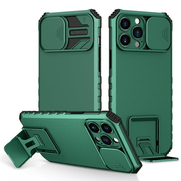 Dteck Slide Lens Protector Case for iPhone 15 Pro Max, Slim Fit Thin Polycarbonate Protective Shockproof Hard Rugged Military Grade Protective Foldable Kickstand Cover,Darkgreen