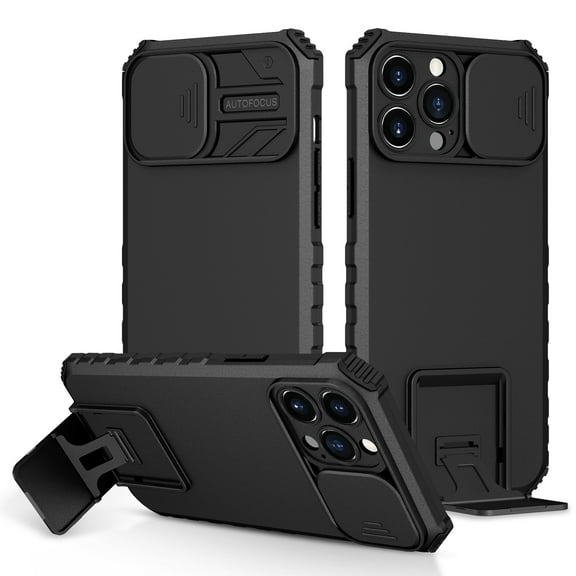 Dteck Slide Lens Protector Case for iPhone 15 Pro, Slim Fit Thin Polycarbonate Protective Shockproof Hard Rugged Military Grade Protective Foldable Kickstand Cover,Black