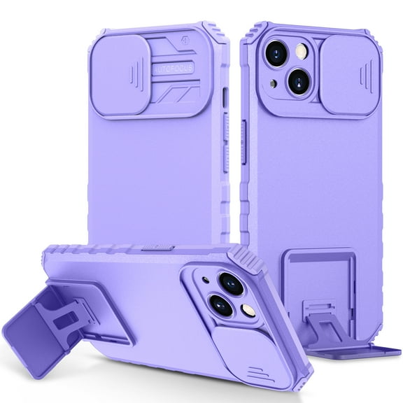 Dteck Slide Lens Protector Case for iPhone 15, Slim Fit Thin Polycarbonate Protective Shockproof Hard Rugged Military Grade Protective Foldable Kickstand Cover,Purple