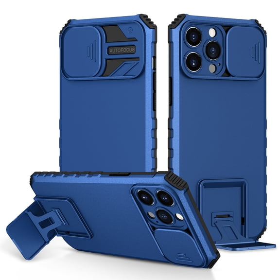 Dteck Slide Lens Protector Case for iPhone 16 Pro, Slim Fit Thin Polycarbonate Protective Shockproof Hard Rugged Military Grade Protective Foldable Kickstand Cover,Blue