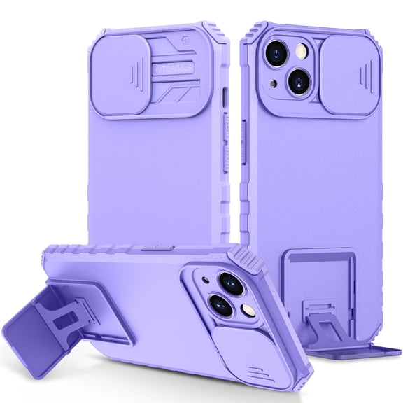 Dteck Slide Lens Protector Cover Case for iPhone 14 Plus, Slim Fit Thin Polycarbonate Protective Shockproof Rugged Military Grade Protective Kickstand Cover, Purple