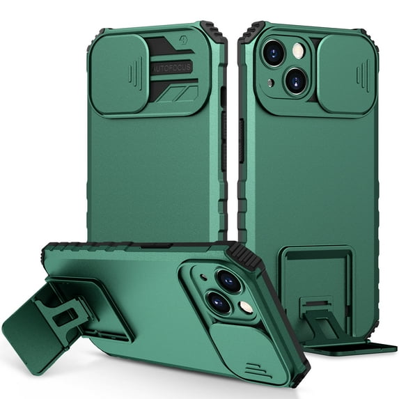 Dteck Slide Lens Protector Cover Case for iPhone 14, Slim Fit Thin Polycarbonate Protective Shockproof Rugged Military Grade Protective Kickstand Cover, Darkgreen